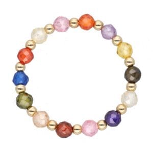 Pierścionek damski na gumce srebrny pozłacany z kuleczkami kolorowych cyrkonii