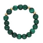 Pierścionek na gumce srebrny pozłacany z kuleczkami zielonego malachitu 4mm