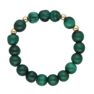 Pierścionek na gumce srebrny pozłacany z kuleczkami zielonego malachitu 4mm