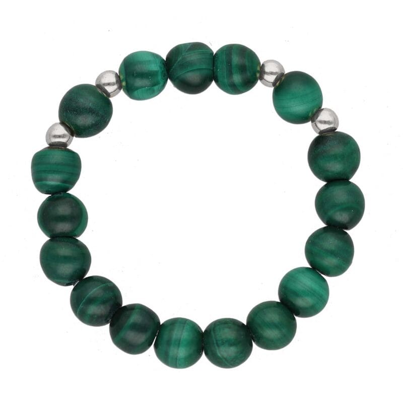 Pierścionek damski na gumce srebrny z kuleczkami zielonego malachitu 4mm