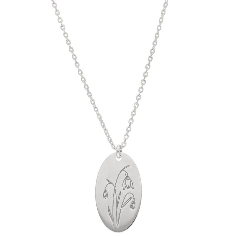 Srebrny damski naszyjnik z celebrytką z motywem kwiatów urodzinowych. Celebrytka z przebiśniegiem, kwiatem dla stycznia