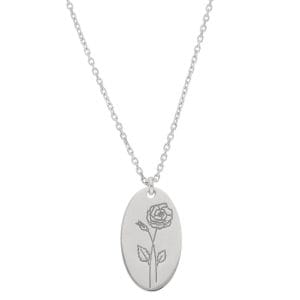 Srebrny damski naszyjnik z celebrytką z motywem kwiatów urodzinowych. Celebrytka z różą, kwiatem dla czerwca
