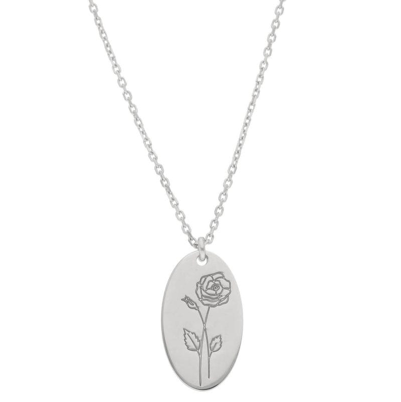 Srebrny damski naszyjnik z celebrytką z motywem kwiatów urodzinowych. Celebrytka z różą, kwiatem dla czerwca
