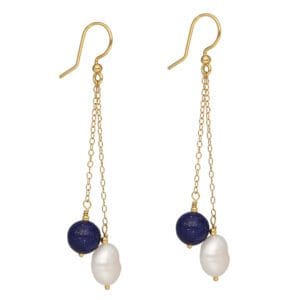 Kolczyki długie wiszące z lapisem lazuli i perłą srebrne pozłacane