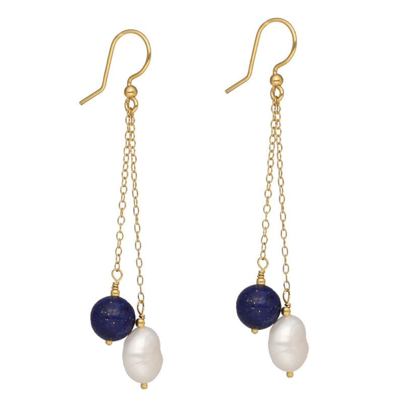 Kolczyki długie wiszące z lapisem lazuli i perłą srebrne pozłacane