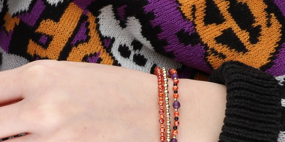 Pomarańczowo-fioletowa bransoletka damska gold filled z cyrkonii, ametystu i onyksu HALLOWEEN