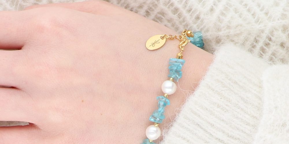 Letnia damska srebrna pozłacana bransoletka z apatytu i pereł AQUA PEARL