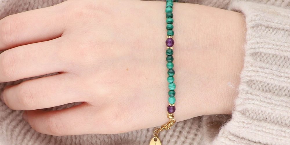 Zielono-fioletowa srebrna pozłacana bransoletka damska z malachitu i ametystu PURPLE IN MALACHITE