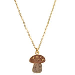 Jesienny naszyjnik z muchomorkiem. Grzybek pokryty cieniutka warstwą emalii która nadaje mu delikatny kolor. Całość wykonana ze srebra próby 925 pokrytego żółtym złotem