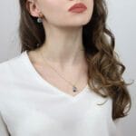 kolczyki i naszyjnik z labradorytem w srebrnej oprawie założone na modelce