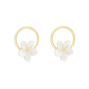 Stylowe kolczyki srebrne pozłacane na sztyftach z masą perłową w kształcie kwiatka