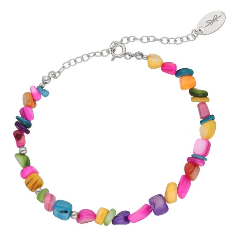 Damska srebrna bransoletka z kolorową masą perłową. Bransoletka posiada przedłużkę zakończoną blaszką z logiem Rosett