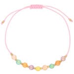Damska bransoletka kolorowa na różowym sznurku z kolorowym jadeitem w pastelowych kolorach i przekładkach ze srebra pozłacanego