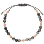 Bransoletka damska pozłacana z kamieniem naturalnym labradoryt i rodonit na sznurku w szarym kolorze