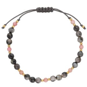 Bransoletka damska pozłacana z kamieniem naturalnym labradoryt i rodonit na sznurku w szarym kolorze