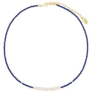 Choker na szyję z kamieniami lapis lazuli i perły naturalne. Choker pozłacany ze srebra 925