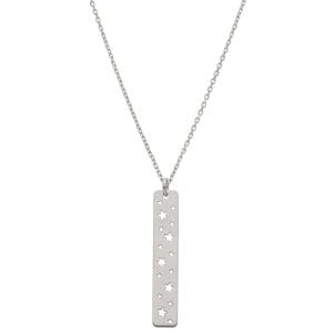 Damski naszyjnik srebrny rodowany z celebrytką w kształcie prostokąta z gwiazdkami