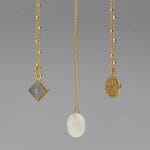 Zestaw naszyjników damskich na łańcuszkach z zawieszką. Naszyjnik srebrny pozłacany z masą perłową, labradorytem i monetą