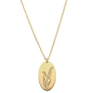 Naszyjnik damski celebrytka pozłacana z grawerem konwalii - kwiatu urodzinowego symbolizującego miesiąc maj