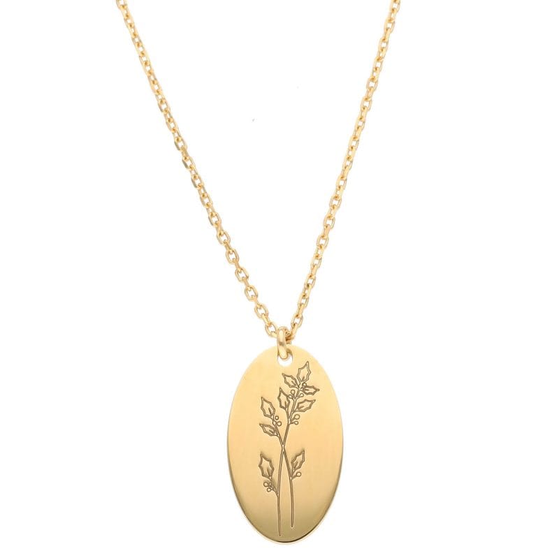 Naszyjnik damski celebrytka pozłacana z grawerem ostrokrzewu - kwiatu urodzinowego symbolizującego miesiąc grudzień