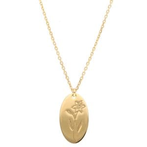 Naszyjnik damski celebrytka pozłacana z grawerem żonkila - kwiatu urodzinowego symbolizującego miesiąc marzec