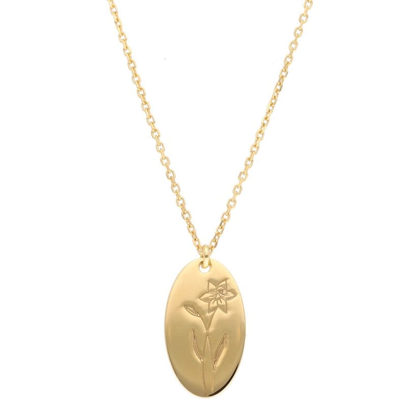 Naszyjnik damski celebrytka pozłacana z grawerem żonkila - kwiatu urodzinowego symbolizującego miesiąc marzec