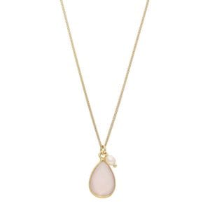 Damski naszyjnik srebrny pozłacany z kwarcem różowym w okuciu i perłą