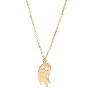 Halloweenowy naszyjnik damski srebrny pozłacany z celebrytką w kształcie wesołego duszka.