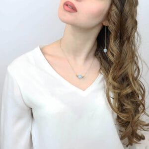 naszyjnik i kolczyki z niebieskim akwamarynem założone na modelce