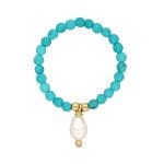 pierścionek elastyczny handmade srebrny pozłacany z turkusem i naturalna perła w formie zawieszki