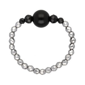 pierścionek elastyczny z srebrnymi kuleczkami hematytu i kuleczkami czarnego spinela i onyksu