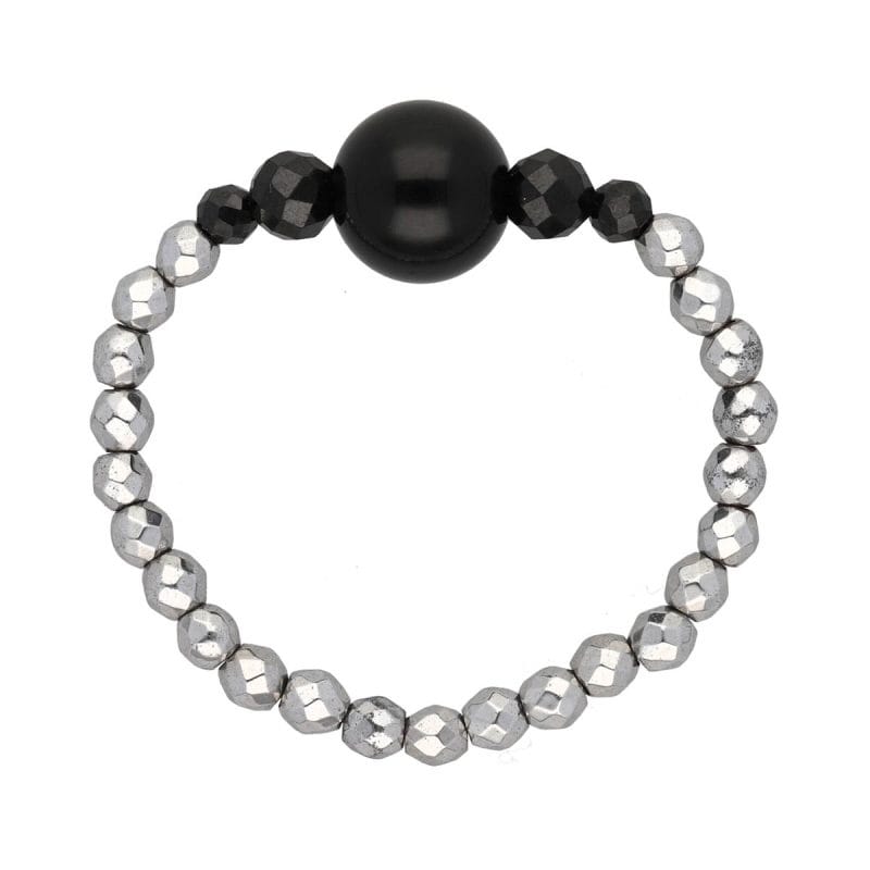 pierścionek elastyczny z srebrnymi kuleczkami hematytu i kuleczkami czarnego spinela i onyksu