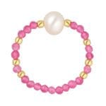 Różowy pierścionek na gumce z perłą i jadeitem srebrny pozłacany