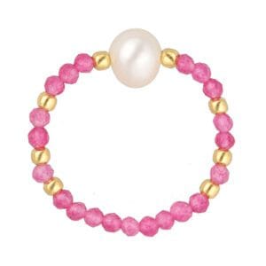 Różowy pierścionek na gumce z perłą i jadeitem srebrny pozłacany