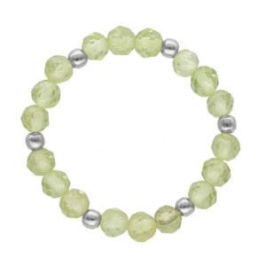 Pierścionek na gumce z kulek zielonego perydotu srebrny