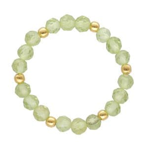 Pierścionek na gumce z kulek zielonego perydotu srebrny pozłacany