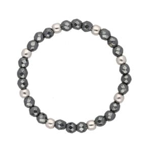 Elastyczny damski pierścionek z hematytu i srebra. Hematyt fasetowany kulka 2mm i kulki srebrne 925 2mm gładkie