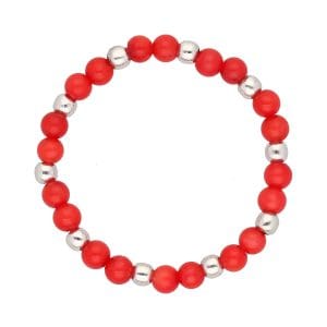 Pierścionek elastyczny z czerwonego koralu i kuleczek srebra rodowanego