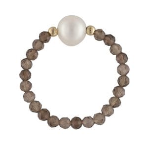 elegancki pierścionek elastyczny z naturalną perłą i kwarcem dymnym i kuleczkami gold filled