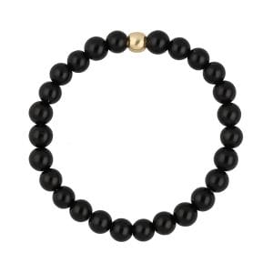 Złoty pierścionek elastyczny z kuleczką złota i czarnym onyksem