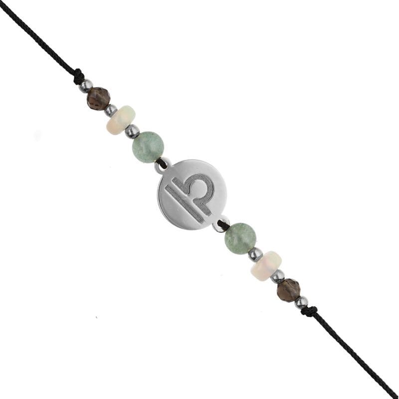 Srebrna bransoletka dla Wagi na czarnym sznurku z celebrytką i opalem, awenturynem i kwarcem dymnym