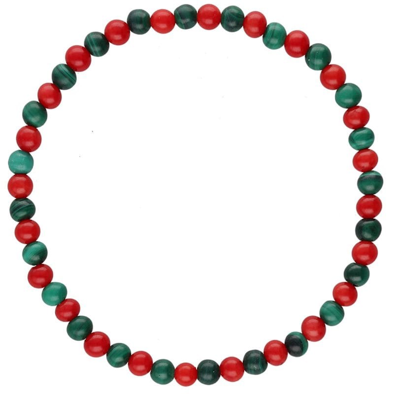 Męska elastyczna bransoletka z kamieniami naturalnego malachitu i czerwonym koralem