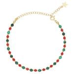 Świąteczna bransoletka damska srebrna pozłacana z naturalnym koralem i malachitem. Bransoletka posiada przedłużkę na której końcu zawieszona jest zawieszka z logo Rosett