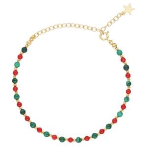 Świąteczna bransoletka damska srebrna pozłacana z naturalnym koralem i malachitem. Bransoletka posiada przedłużkę na której końcu zawieszona jest zawieszka z logo Rosett