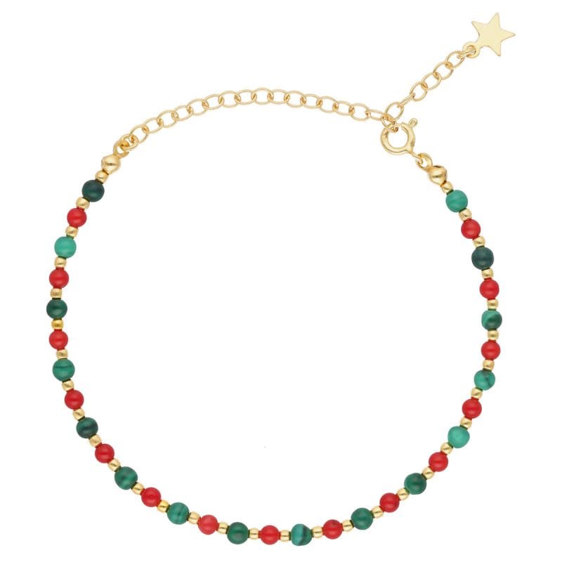 Świąteczna bransoletka damska srebrna pozłacana z naturalnym koralem i malachitem. Bransoletka posiada przedłużkę na której końcu zawieszona jest zawieszka z logo Rosett