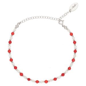 Świąteczna bransoletka damska srebrna z naturalnym koralem i masą perłową. Bransoletka posiada przedłużkę na której końcu zawieszona jest zawieszka z logo Rosett