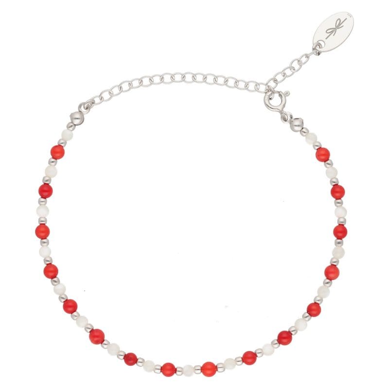 Świąteczna bransoletka damska srebrna z naturalnym koralem i masą perłową. Bransoletka posiada przedłużkę na której końcu zawieszona jest zawieszka z logo Rosett