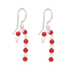 Świąteczne kolczyki srebrne rodowane z masą perłową i koralem czerwonym w formie cukierkowych lasek