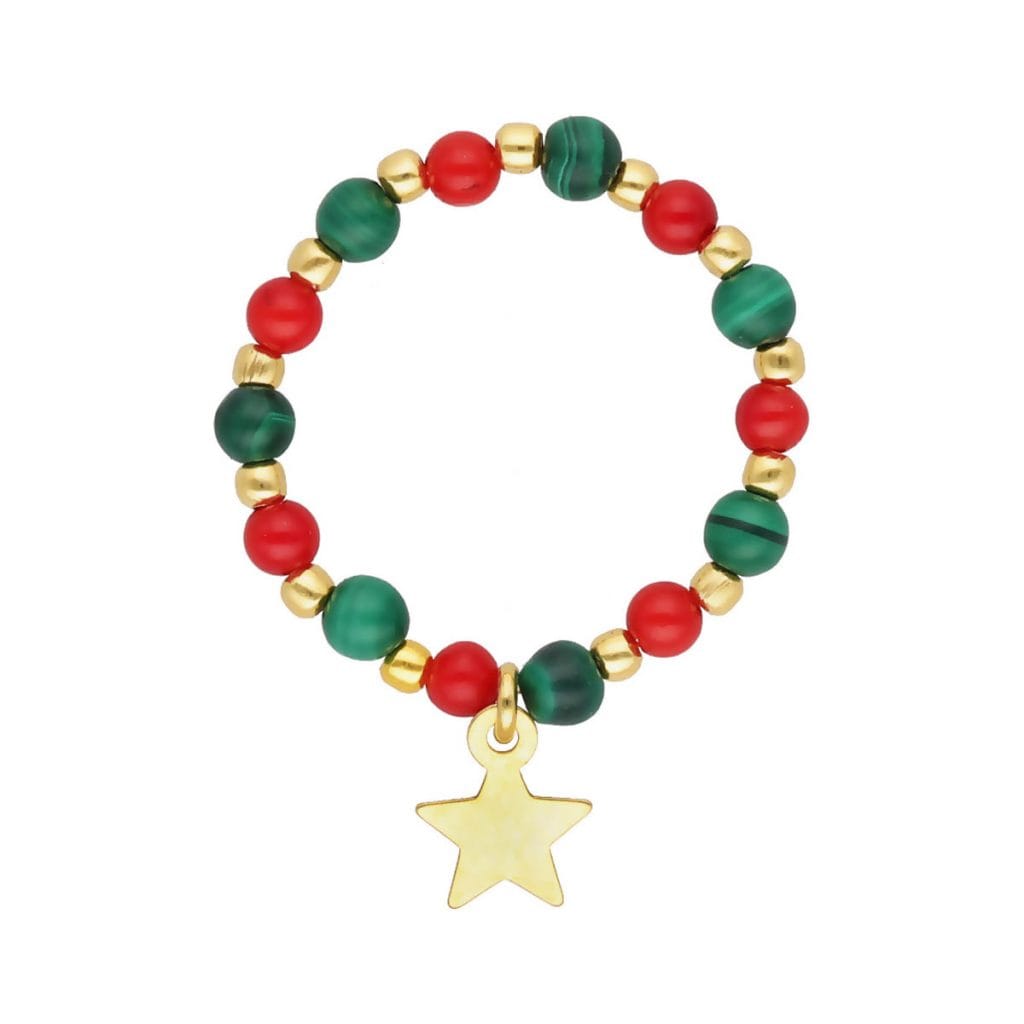 Damski świąteczny pierścionek elastyczny srebrny pozłacany z gwiazdką koralem czerwonym i malachitem