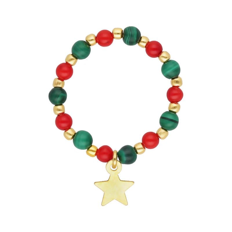 świąteczny pierścionek elastyczny pozłacany z gwiazdką koralem malachitem CHRISTMAS Damski świąteczny pierścionek elastyczny srebrny pozłacany z gwiazdką koralem czerwonym i malachitem